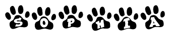 The image shows a row of animal paw prints, each containing a letter. The letters spell out the word Sophia within the paw prints.