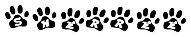 The image shows a series of animal paw prints arranged horizontally. Within each paw print, there's a letter; together they spell Sherree