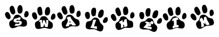 The image shows a row of animal paw prints, each containing a letter. The letters spell out the word Swalheim within the paw prints.