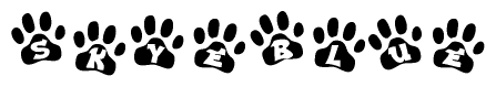 The image shows a row of animal paw prints, each containing a letter. The letters spell out the word Skyeblue within the paw prints.