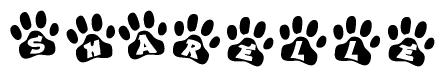 The image shows a series of animal paw prints arranged horizontally. Within each paw print, there's a letter; together they spell Sharelle