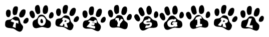 The image shows a series of animal paw prints arranged in a horizontal line. Each paw print contains a letter, and together they spell out the word Toreysgirl.