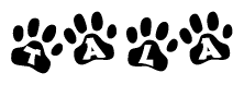 The image shows a row of animal paw prints, each containing a letter. The letters spell out the word Tala within the paw prints.
