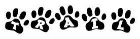 The image shows a series of animal paw prints arranged horizontally. Within each paw print, there's a letter; together they spell Trail