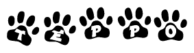 The image shows a series of animal paw prints arranged in a horizontal line. Each paw print contains a letter, and together they spell out the word Teppo.