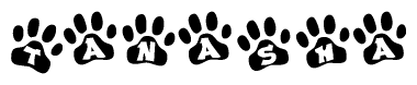 The image shows a row of animal paw prints, each containing a letter. The letters spell out the word Tanasha within the paw prints.
