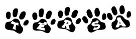 The image shows a series of animal paw prints arranged in a horizontal line. Each paw print contains a letter, and together they spell out the word Tersa.
