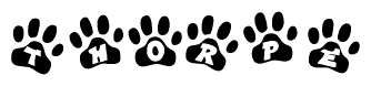 The image shows a series of animal paw prints arranged in a horizontal line. Each paw print contains a letter, and together they spell out the word Thorpe.