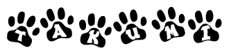 The image shows a series of animal paw prints arranged horizontally. Within each paw print, there's a letter; together they spell Takumi