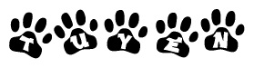 The image shows a series of animal paw prints arranged horizontally. Within each paw print, there's a letter; together they spell Tuyen