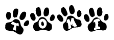 The image shows a row of animal paw prints, each containing a letter. The letters spell out the word Tomi within the paw prints.