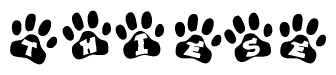 The image shows a series of animal paw prints arranged horizontally. Within each paw print, there's a letter; together they spell Thiese
