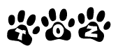The image shows a series of animal paw prints arranged horizontally. Within each paw print, there's a letter; together they spell Toz