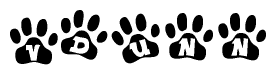 The image shows a row of animal paw prints, each containing a letter. The letters spell out the word Vdunn within the paw prints.
