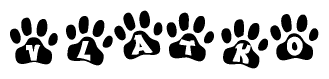 The image shows a series of animal paw prints arranged in a horizontal line. Each paw print contains a letter, and together they spell out the word Vlatko.