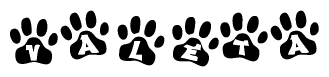 The image shows a series of animal paw prints arranged horizontally. Within each paw print, there's a letter; together they spell Valeta