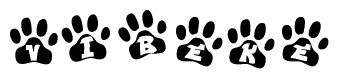 The image shows a series of animal paw prints arranged horizontally. Within each paw print, there's a letter; together they spell Vibeke