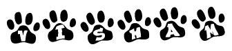 The image shows a series of animal paw prints arranged in a horizontal line. Each paw print contains a letter, and together they spell out the word Visham.