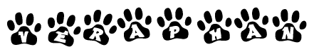The image shows a series of animal paw prints arranged in a horizontal line. Each paw print contains a letter, and together they spell out the word Veraphan.