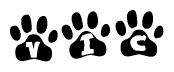 The image shows a series of animal paw prints arranged in a horizontal line. Each paw print contains a letter, and together they spell out the word Vic.