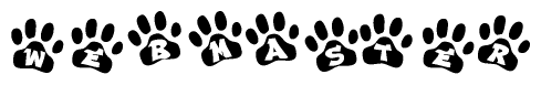 The image shows a series of animal paw prints arranged in a horizontal line. Each paw print contains a letter, and together they spell out the word Webmaster.
