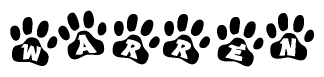 The image shows a series of animal paw prints arranged in a horizontal line. Each paw print contains a letter, and together they spell out the word Warren.