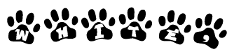 The image shows a series of animal paw prints arranged horizontally. Within each paw print, there's a letter; together they spell White