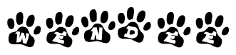 The image shows a series of animal paw prints arranged horizontally. Within each paw print, there's a letter; together they spell Wendee