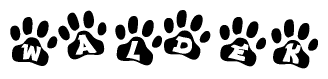 The image shows a series of animal paw prints arranged horizontally. Within each paw print, there's a letter; together they spell Waldek