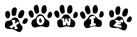 The image shows a series of animal paw prints arranged in a horizontal line. Each paw print contains a letter, and together they spell out the word Xowie.