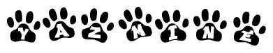 The image shows a series of animal paw prints arranged in a horizontal line. Each paw print contains a letter, and together they spell out the word Yazmine.