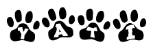 The image shows a row of animal paw prints, each containing a letter. The letters spell out the word Yati within the paw prints.