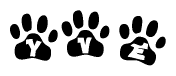 The image shows a row of animal paw prints, each containing a letter. The letters spell out the word Yve within the paw prints.