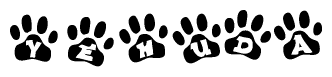 The image shows a row of animal paw prints, each containing a letter. The letters spell out the word Yehuda within the paw prints.