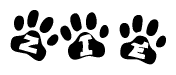 The image shows a series of animal paw prints arranged in a horizontal line. Each paw print contains a letter, and together they spell out the word Zie.