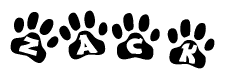 The image shows a row of animal paw prints, each containing a letter. The letters spell out the word Zack within the paw prints.