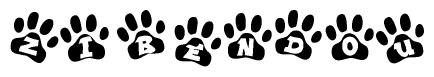 The image shows a row of animal paw prints, each containing a letter. The letters spell out the word Zibendou within the paw prints.