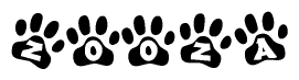 The image shows a row of animal paw prints, each containing a letter. The letters spell out the word Zooza within the paw prints.