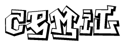 The image is a stylized representation of the letters Cemil designed to mimic the look of graffiti text. The letters are bold and have a three-dimensional appearance, with emphasis on angles and shadowing effects.