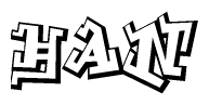 The image is a stylized representation of the letters Han designed to mimic the look of graffiti text. The letters are bold and have a three-dimensional appearance, with emphasis on angles and shadowing effects.