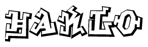 The clipart image depicts the word Haklo in a style reminiscent of graffiti. The letters are drawn in a bold, block-like script with sharp angles and a three-dimensional appearance.
