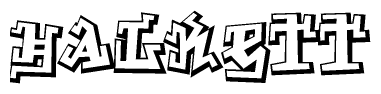 The clipart image depicts the word Halkett in a style reminiscent of graffiti. The letters are drawn in a bold, block-like script with sharp angles and a three-dimensional appearance.