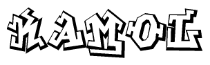 The image is a stylized representation of the letters Kamol designed to mimic the look of graffiti text. The letters are bold and have a three-dimensional appearance, with emphasis on angles and shadowing effects.