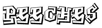 The image is a stylized representation of the letters Peeches designed to mimic the look of graffiti text. The letters are bold and have a three-dimensional appearance, with emphasis on angles and shadowing effects.