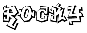 The clipart image depicts the word Rocky in a style reminiscent of graffiti. The letters are drawn in a bold, block-like script with sharp angles and a three-dimensional appearance.