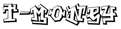 The image is a stylized representation of the letters T-money designed to mimic the look of graffiti text. The letters are bold and have a three-dimensional appearance, with emphasis on angles and shadowing effects.
