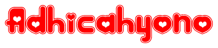 The image displays the word Adhicahyono written in a stylized red font with hearts inside the letters.