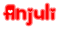The image is a red and white graphic with the word Anjuli written in a decorative script. Each letter in  is contained within its own outlined bubble-like shape. Inside each letter, there is a white heart symbol.