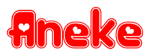 The image is a clipart featuring the word Aneke written in a stylized font with a heart shape replacing inserted into the center of each letter. The color scheme of the text and hearts is red with a light outline.