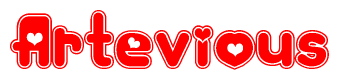 The image displays the word Artevious written in a stylized red font with hearts inside the letters.
